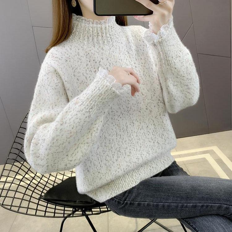 Lace Half High Collar Sweaters Women's Autumn and Winter Large Size Loose Bottom Knitted Pullovers Casual Print Jumpers