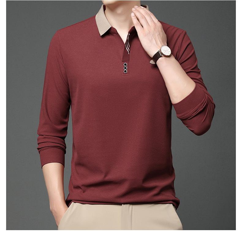 Polo de Manga Comprida Masculino de Primavera Gola Virada Cor Sólida Respirável Confortável Camisetas Casuais com Botões T-shirt Masculina