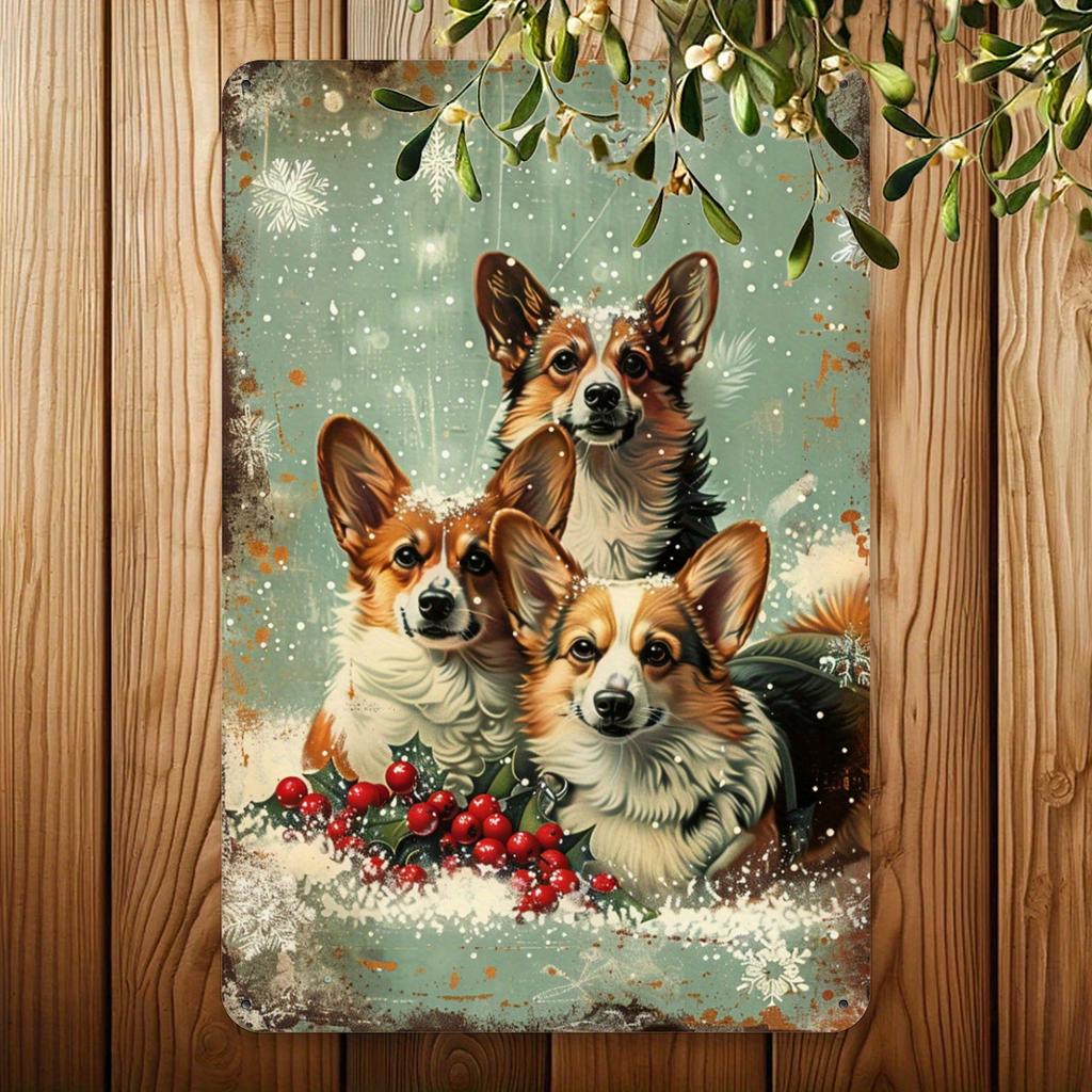 Vintage Christmas Corgi Metal Tin Sign, Retro Iron Wall Art for Gym, Cafe, Garage, Restaurant, Home, Forest, Garden - Indoor & O