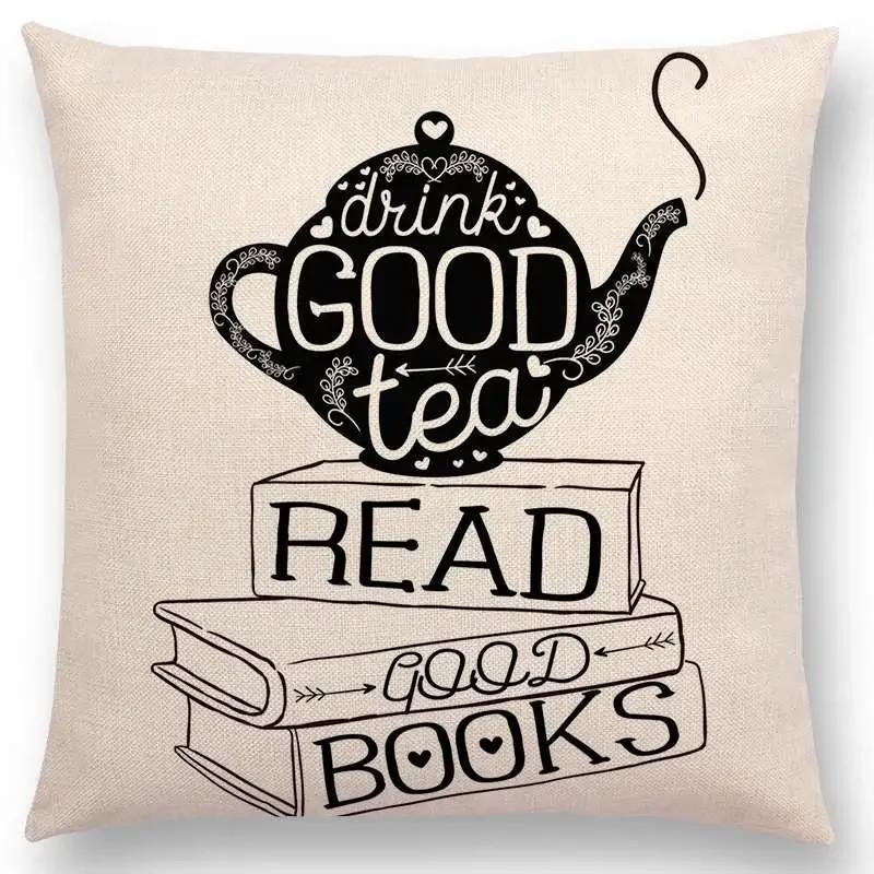 Tea Reading Books Pillow Case Home Decor / Cushion Cover Designer Pillow Cover for Sofa Bedroom Housse De Coussin