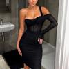 European and American Summer Women's Clothing Popular Dress Mesh Perspective Slanted Shoulder Fishbone Pleated Skirt, Dress