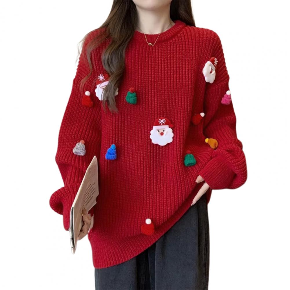 Women Christmas Sweater Santa Claus Xmas Hat Decor Loose Fit Knitting Tops Round Neck Long Sleeve Autumn Winter Sweater