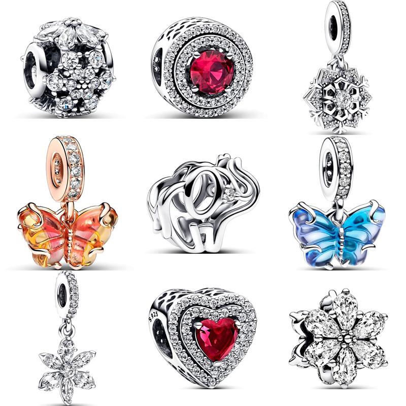 925 miedź Różowy Żółty Niebieski Szkło Murano Motyl Płatek Śniegu Wiszący Charms ażurowy Słoń Koraliki Pasują Bransoletka Pantaro Cyrkonia