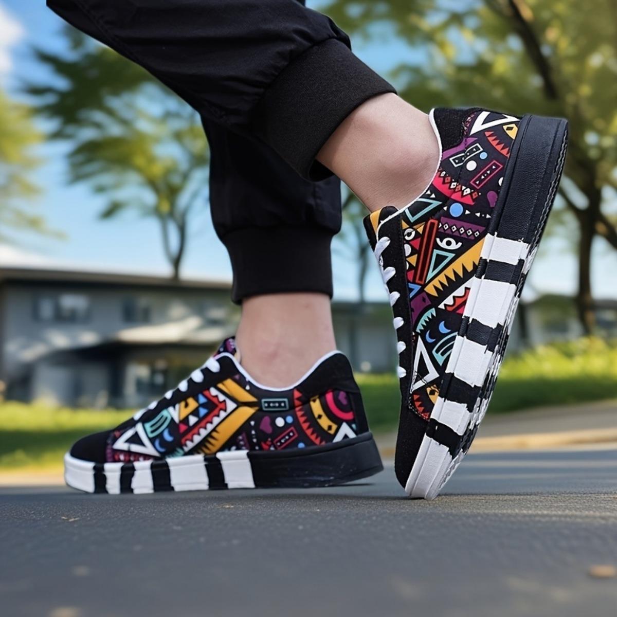 

Чоловічі модні парусинові кросівки з графіті та літерами – повсякденне вуличне взуття на шнурівці, кросівки для бігу, тенісні кросівки, баскетбольні кросівки, зручні 43 чорний