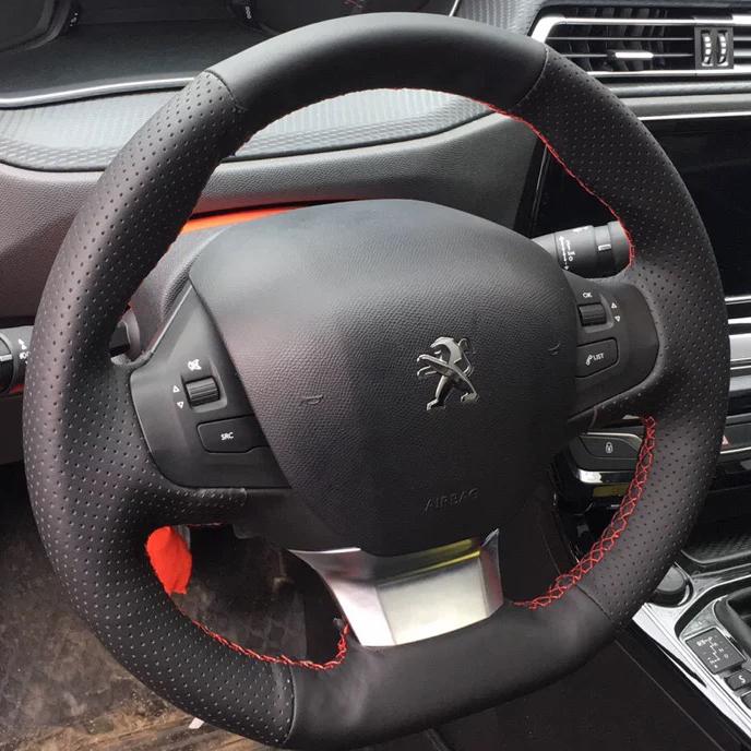 Для Peugeot 308 2014-2017 ручная прошивка нескользящая черная кожаная накладка на руль автомобиля 4
