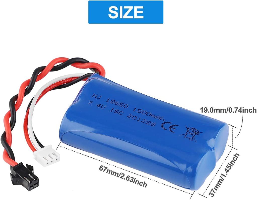 LiPo Battery 1500mAh 7.4V 2S | Compatible with RC Toys U12A, S033G, Q1, H101 | SM-2P Connector | Long Runtime | 67x19x37mm – 96g, Blue