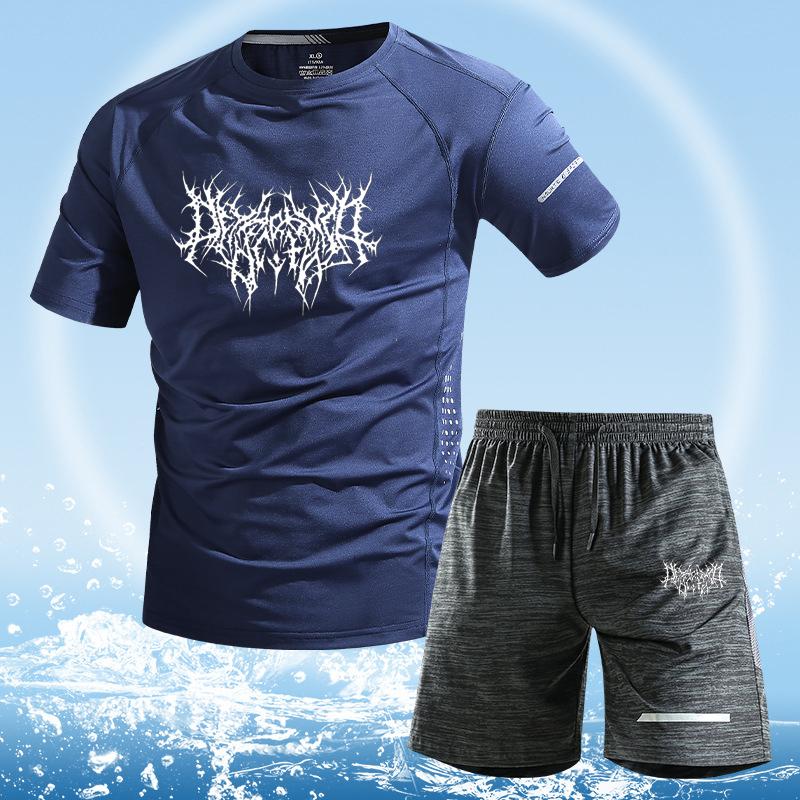 Men s Summer Sportswear Short Sleeve Shorts Set Ice Silk T shirt and short Pants two-piece Suit Male Fitness Tracksuit XS