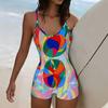 Summer Beach Pool Wear Colored Drawing  Printed One Piece Boy Short Swimsuit Women Athletic Slim Fit Bathing Suit