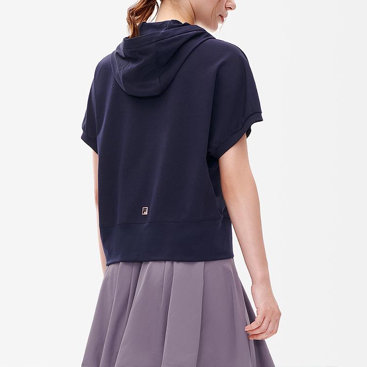 Fila Athletics Loose Solid Color Letter Logo Casual Latte Sports Hooded Short Sleeve Raglan T-Shirt Women Tops Dark-Blue A11W231115F-NV