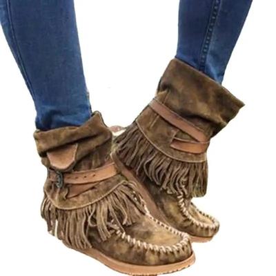 Fashion Retro Tassel Women's Boots Side Zipper Black 2025 Winter New Flat Warm Shoes Comfort Round Toe Non-slip Plush Ankle Boots