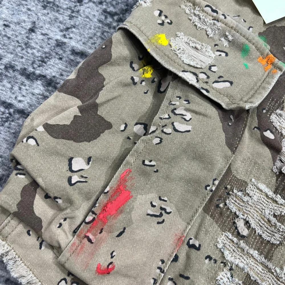 ZYLLO Summer Fashion Camouflage Splicing Leather Letter Washed Retro Knee Jeans Men Women Shorts