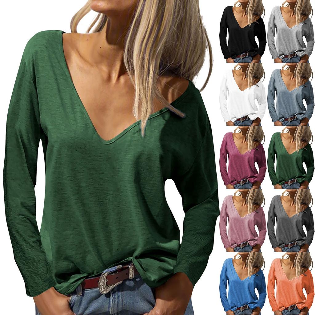 Women Loose Fit V Neck Long Sleeve Solid Color T Shirt Casual Lightweight Pullover Top for Everyday Wear
