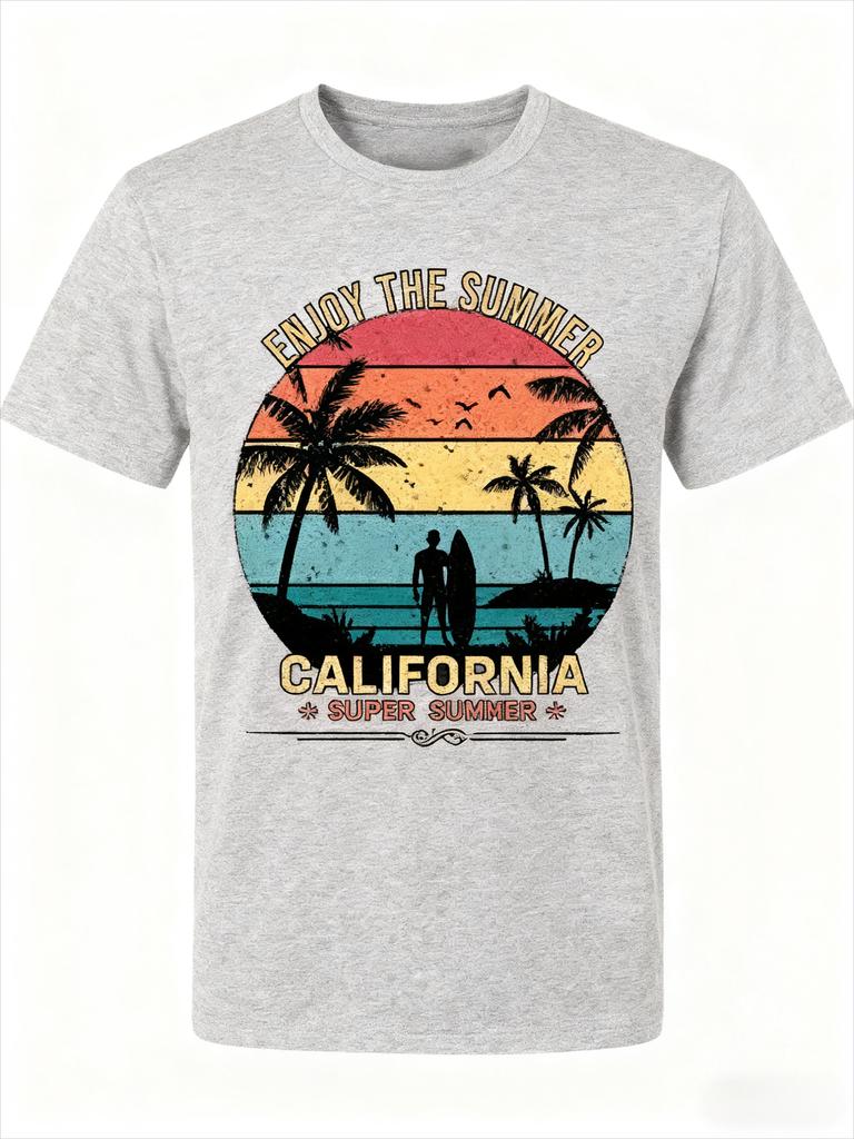 Intage California Surf Graphic Tee ENJOY THE SUMMER Palm Tree Sunset Print Cotton T-Shirt Retro Beach Top