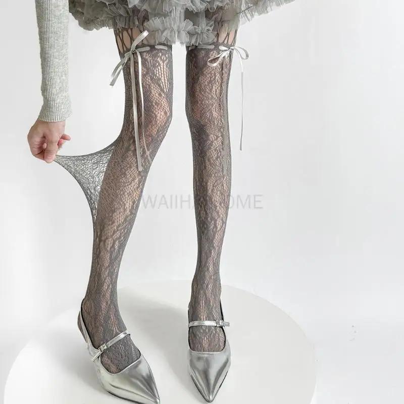 Y2K Fashion Gothic Flower Hollow Out Sexy Pantyhose Women Fishnet Bow Tie Ins  Girls Jk Tights High Elastic Hipster Leggings