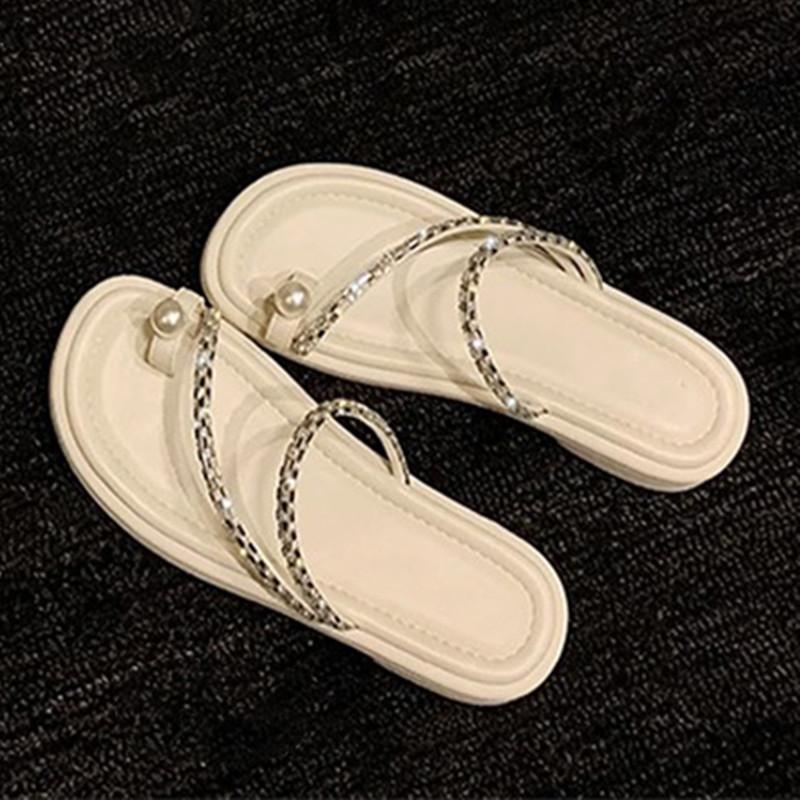 

Fashion Luxury Bling Crystal Design Brand Flat Slippers Women Elegant String Bead Narrow Band Flip Flops Summer Comfort Beach Sandals 40 бежевый