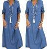 Women Half Sleeve Side Slitting Hem V-neck Loose Long Denim Dress Streetwear for Daily Life