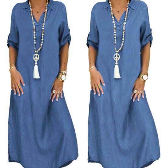 Women Half Sleeve Side Slitting Hem V-neck Loose Long Denim Dress Streetwear for Daily Life