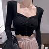 Korean Square Neck Slim Pleated Shoulder Pad Crop Top