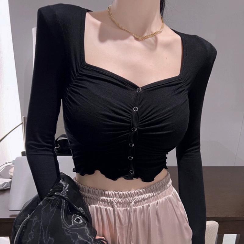 Korean Square Neck Slim Pleated Shoulder Pad Crop Top