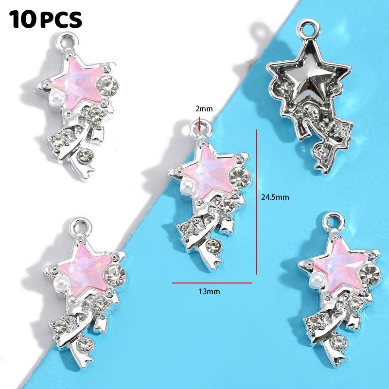 10Pcs Alloy Mixed Style, Inlaid Pink Resin Star And Moon Pendant, Diy Necklace, Bracelet Accessory