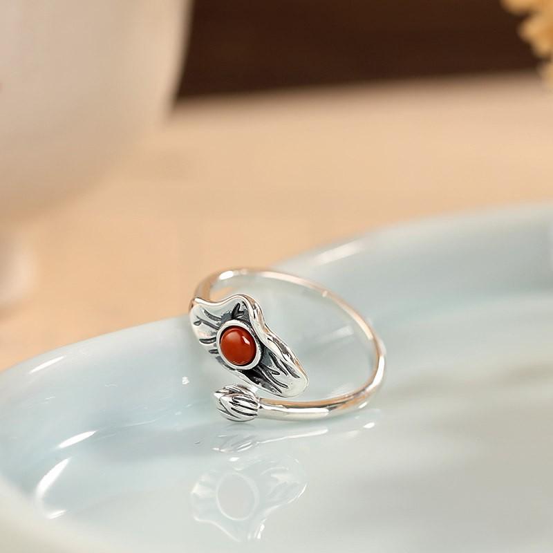 Adjustable Copper Ring With Natural Red Agate Lotus Flower Design Vintage Boho Statement Finger Women