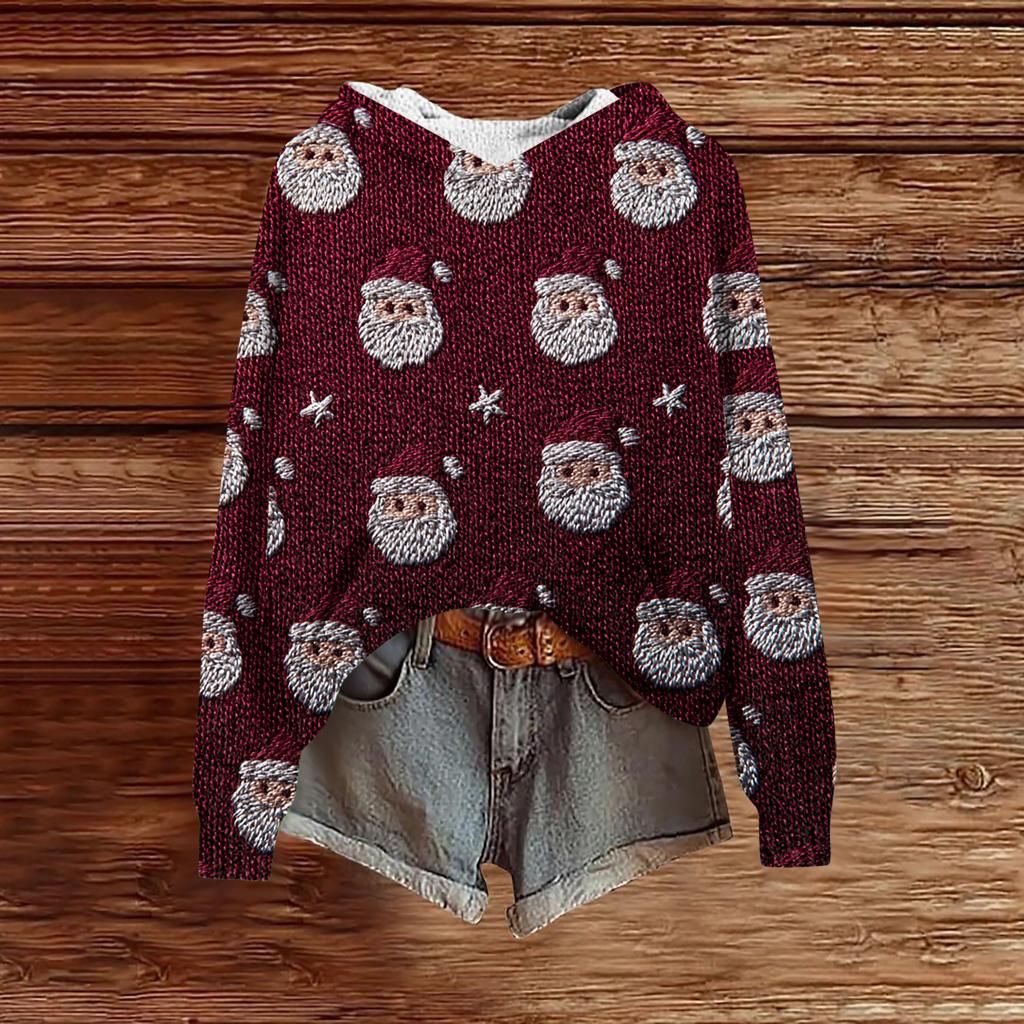 Women's Fashion Casual Long Sleeve Christmas Print Hooded Knitted Sweatshirt