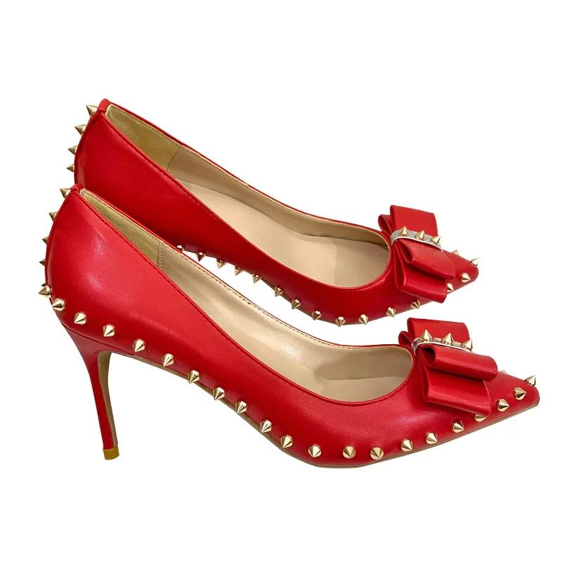 Red Matte Women Pointy Toe High Heel Shoes with Bow Sexy Spikes Rivets Stiletto Pumps 8cm 10cm 12cm Colors Customize 34-46