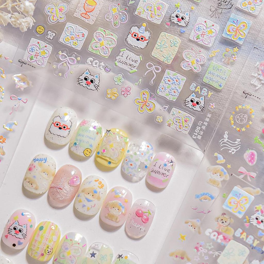 Tomoni 3D Embossed Nail Stickers for Kids - Cat & Butterfly Nail Art Accessories