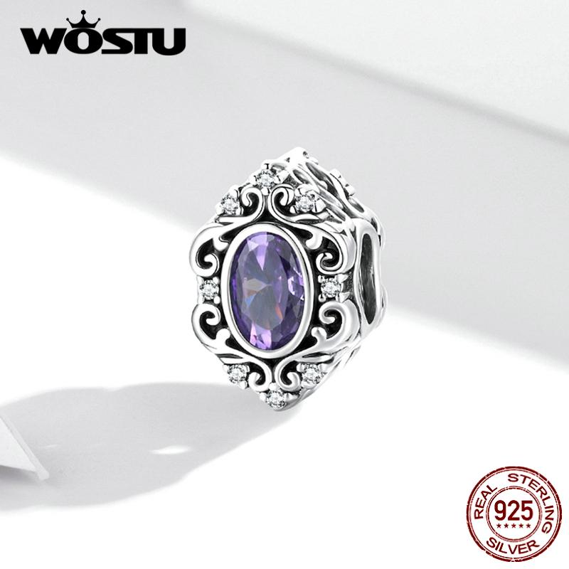 

WOSTU элегантный ретро-узор фиолетовый циркон из стерлингового серебра 925 пробы бусины-подвески подходят для оригинального браслета DIY ювелирные украшения 925 silver