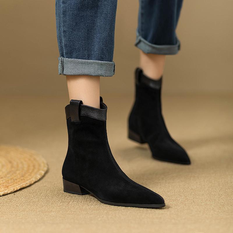 Soft suede vintage western cowboy boots women's thick heel boots winter frosted versatile pointed toe Chelsea boots booties