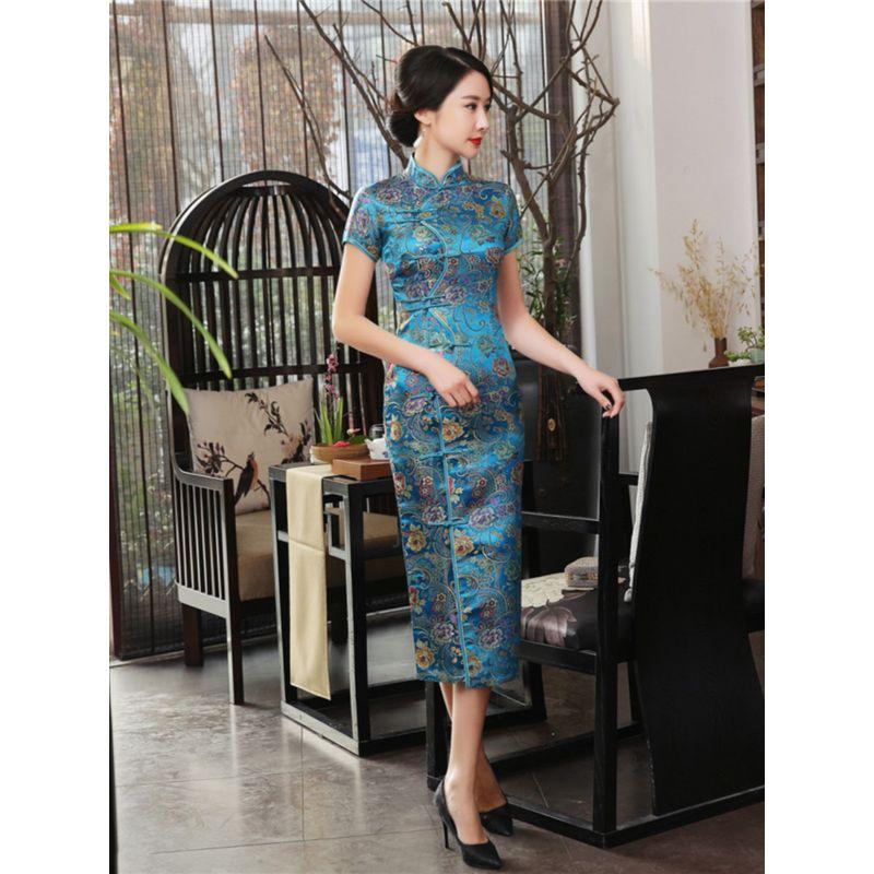 Standing Collar Buckle Slim Fitting Long Qipao Buckle Silm Long Cheongsam