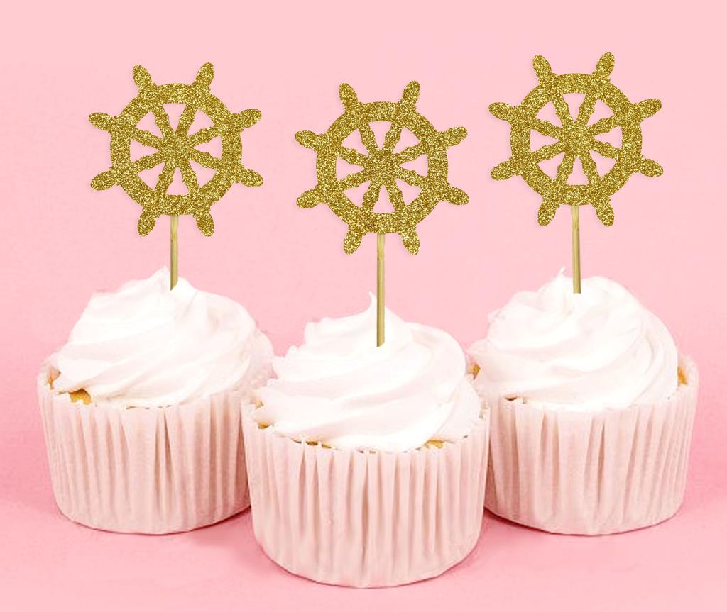 Darling Souvenir| Ship Wheel Cupcake Toppers| Beach Wedding Party Dessert Decorations - Pack Of