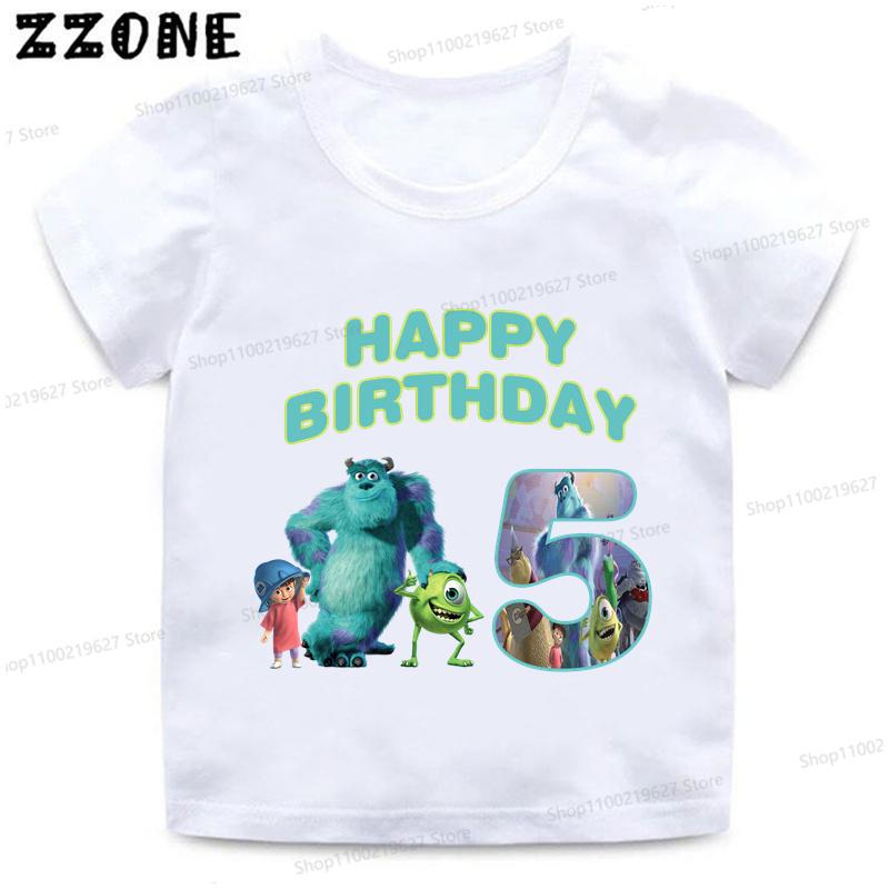 Monsters Inc University Print Cartoon Girls Clothes 1 2 3 4 5 6 7 8 9 Years Birthday Kids T shirt Baby Boys Children T-Shirt