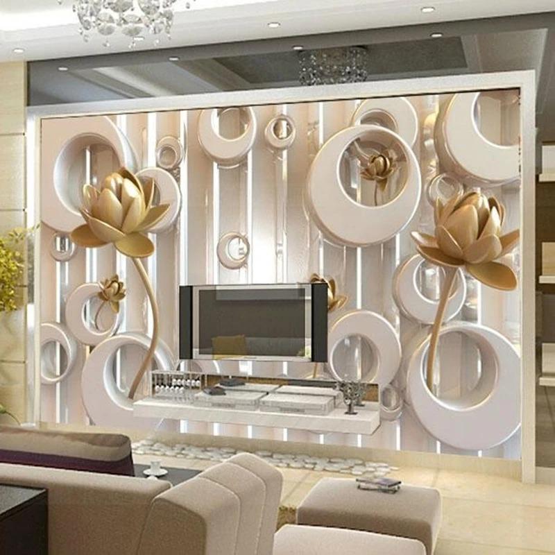 3d Mural Stereoscopic Golden Lotus Ring Cycle Modern Luxury Creative Wallpaper Tv Sofa Backdrop Wall Paper For Wall 3d