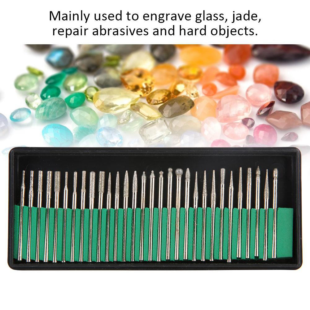 30 KS Diamantové stopky Brusné rotační vrtáky Sada Sklo Jadeit Šperky Gravírování Řezbářské nástroje