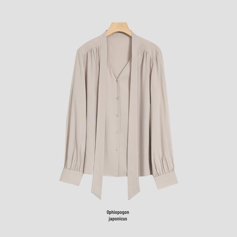 Rong Tai Women's Elegant French Ribbon Long Sleeve V-Neck Chic Shirt - Spring 2026 Collection