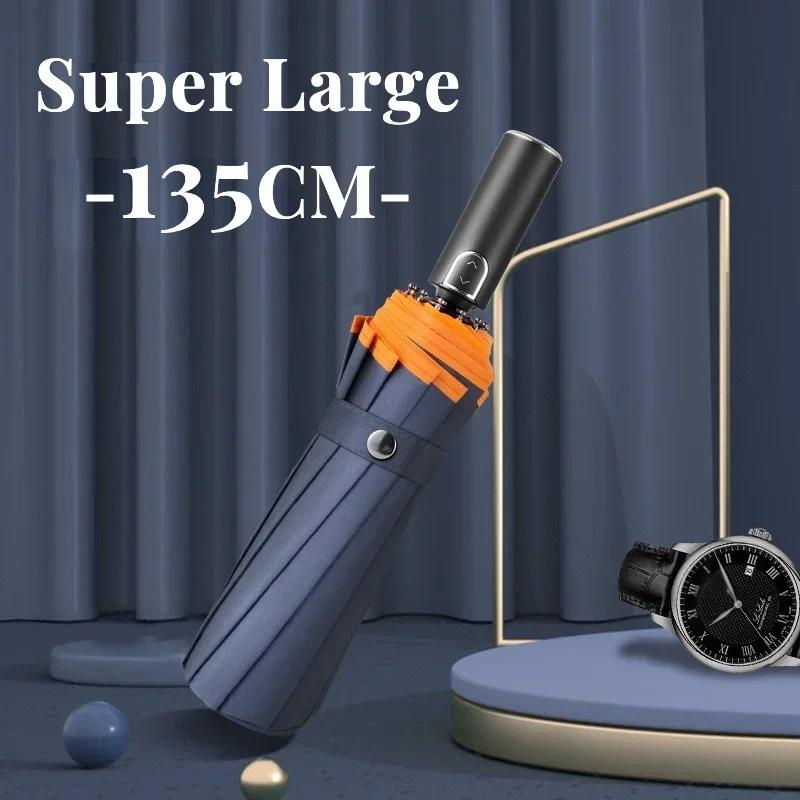 Large 135Cm Automatic Folding Umbrella, Reinforced Windproof Strong, Safety Reflective, Big Sun And Rain Umbrellas For Men Women