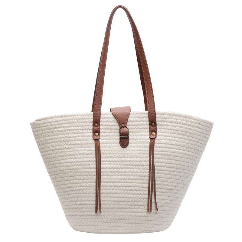 Woven Straw Tote Bag with Leather Handles Fashion Summer Beach Handbag for Women Casual Everyday Use белый