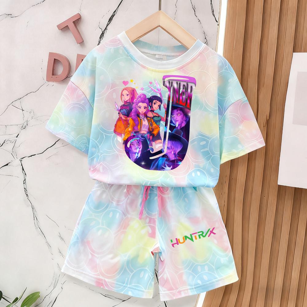 Summer Demon Hunters T-Shirt and Pants Set Girls' Clothing Cute Smiley Face 3D Print Short-Sleeve Set Kids' T-Shirt and Shorts Set