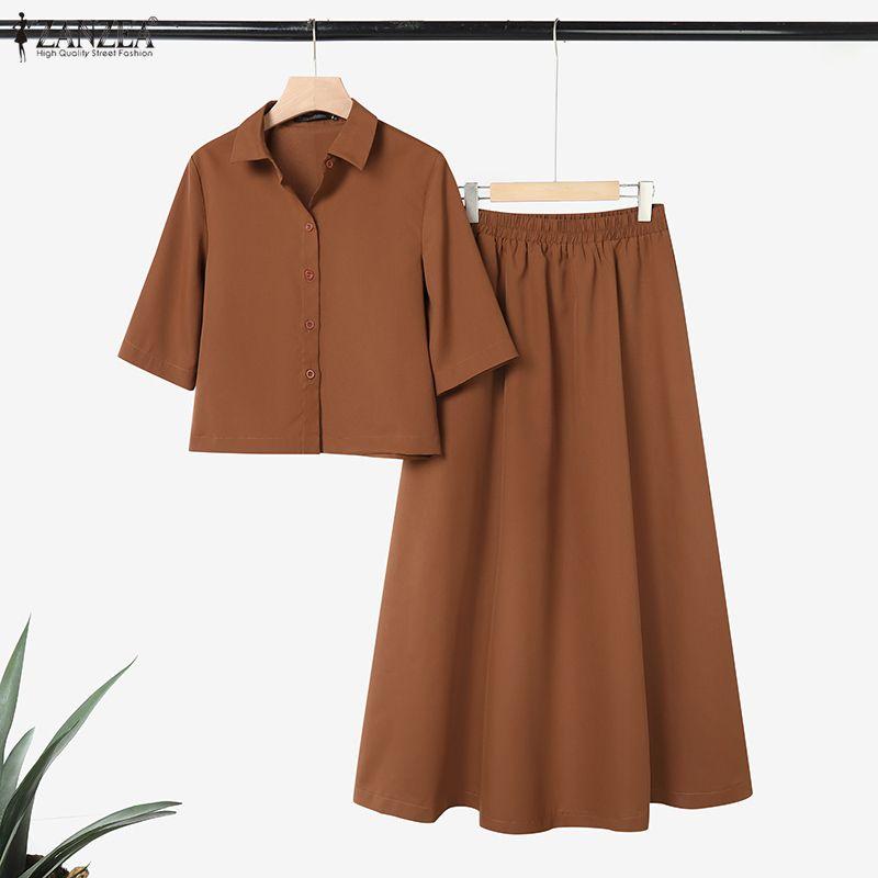 ZANZEA Women Half Sleeve Blouse and Long Skirts Casual Two Piece Suit Sets