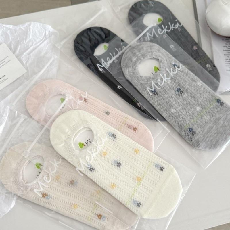 Summer Lightweight Mesh Boat Socks for Women with Floral Patterns, Shallow Cut, Invisible Design, Anti-slip, Non-slippery, Breathable Short Socks