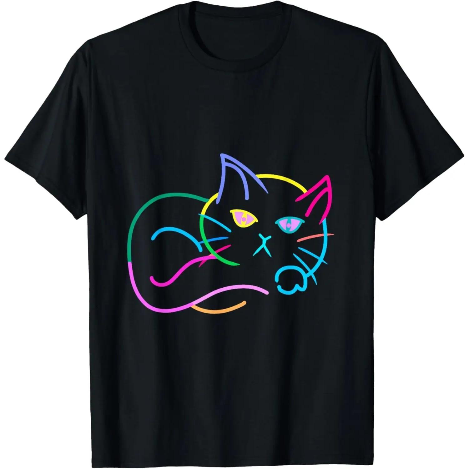 Rainbow Retro Cat Kitten 80s 90s Vintage T-Shirt S чёрный