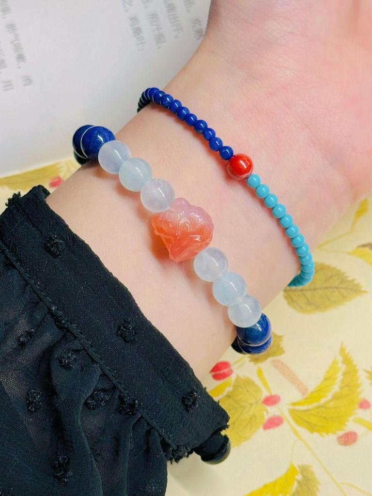 Natural Lapis Lazuli & Nanhong Single-Circle Emperor Sand Bead Bracelet with Aquamarine - Women's High-End Retro Style