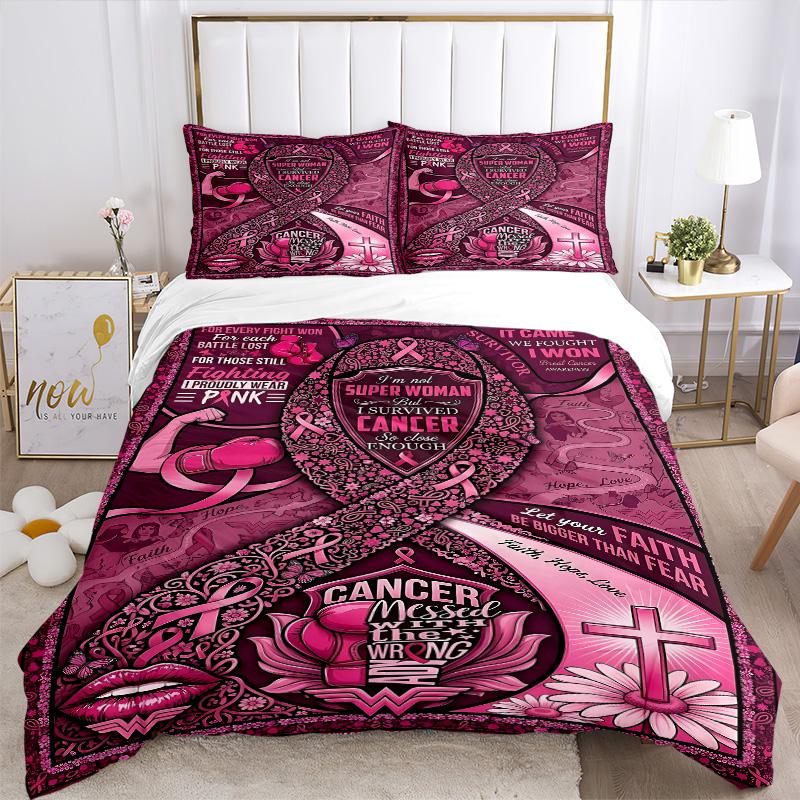 Breast Cancer Awareness Ribbon Print 3Pcs Bedding Setduvet Cover With 2 Bedropillowcase Home Birthday Gift