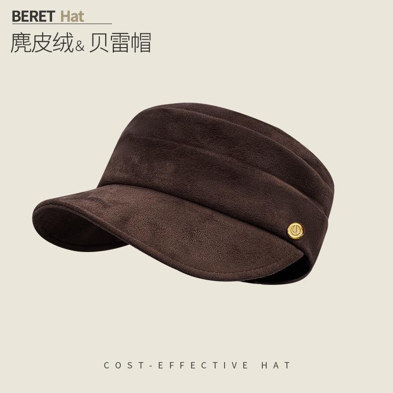 Round Label Pleated Suede Flat Top Equestrian Hat Women'S Season Warm Newsboy Hat Showing Face Ducktongue Beret