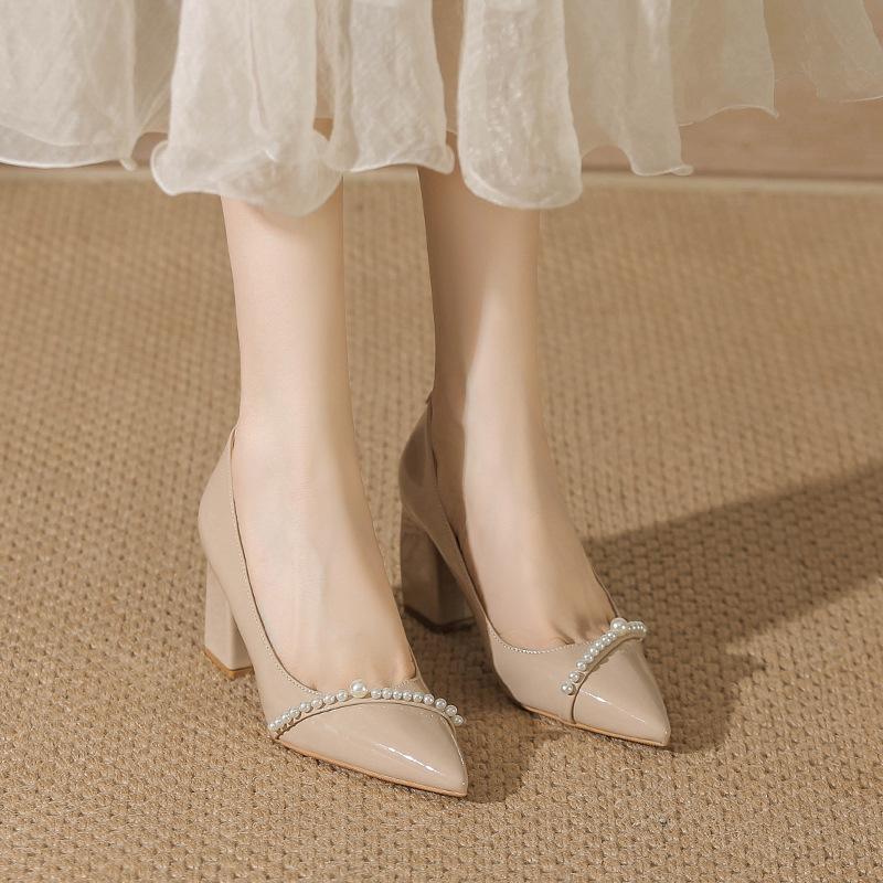 New Spring and Summer Shallow Mouth Pointed High Heels Temperament Pearl Bride Shoes Work Commuter Thick Heels