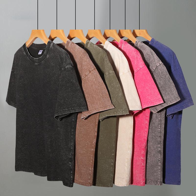 Unisex gewaschenes, distressed Rundhals-T-Shirt - 220g gekämmte Baumwolle, Retro lockere Passform, überschnittene Schultern, Sommer-Freizeit-Top
