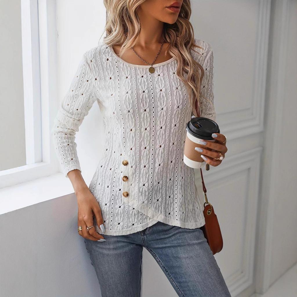 A New Spring Long-sleeved Knitted Solid Color Jacquard Button Top for Fashionable Women