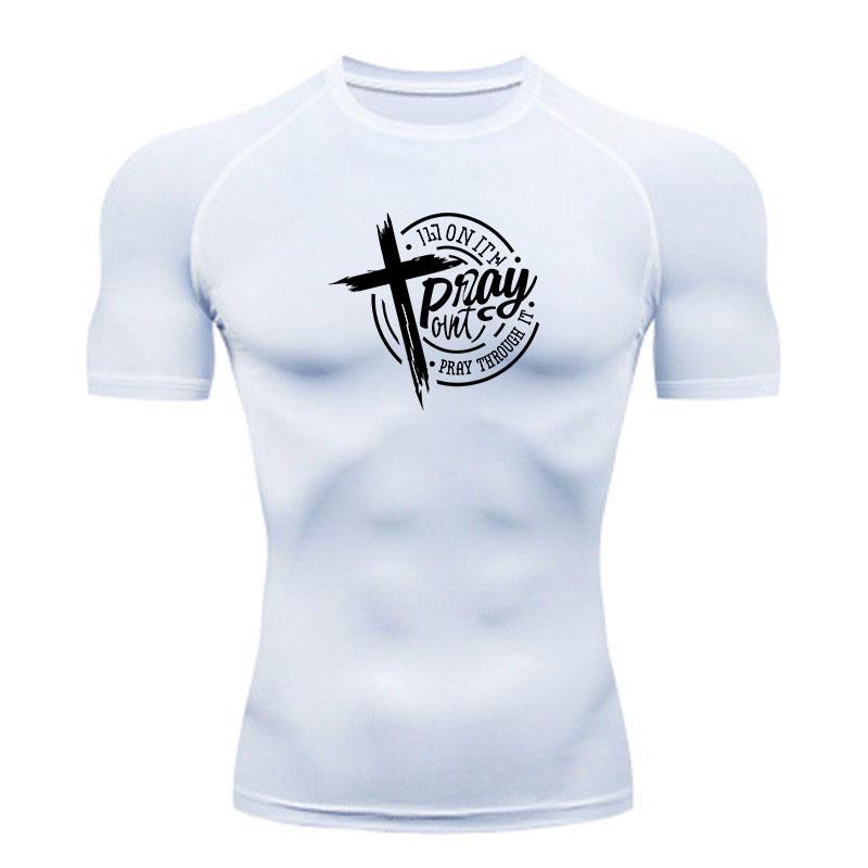 Men's Compression Workout Athletic T-Shirt, Breathable Quick Dry Active Tee with Christian Cross Pray Print for Gym Running Sports Casual Wear