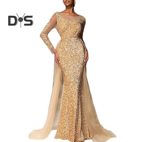 Damen Pailletten Abendkleid Spitze Langarm Bodycon Maxikleid Funkelndes bodenlanges Mesh Patchwork Overlay Kleid für Cocktail Hochzeit Partys